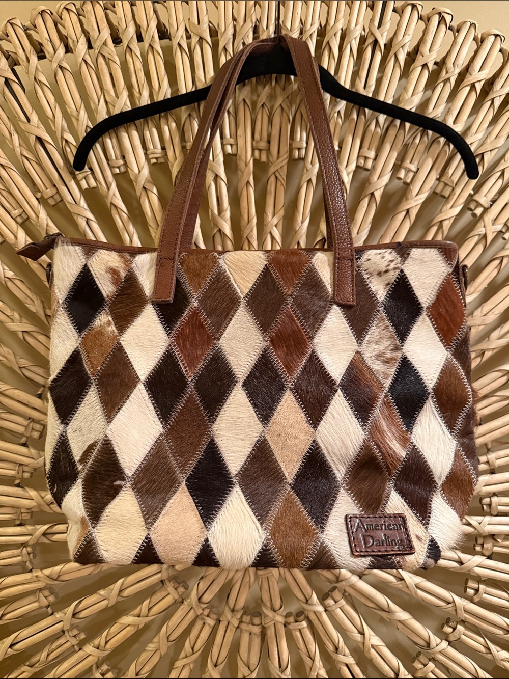 American Darling Brown and Cream Patchwork Diamond Tote